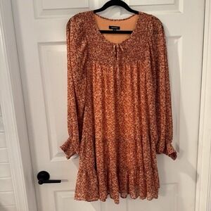 Mittoshop Babydoll Dress‎  Balloon Sleeve Womens Orange Size L Floral Ruffled